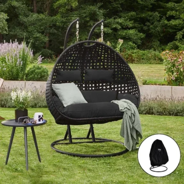 Polyrattan hangstoel voor 2 personen - Met regenhoes - Inclusief kussens - Tot 250 kilo - Zwart