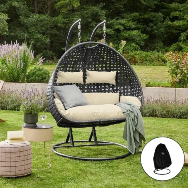 Polyrattan hangstoel Deluxe voor 2 personen - Met regenhoes - Inclusief kussens - Tot 250 kilo - Zwart