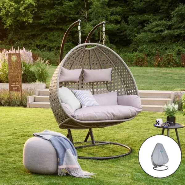 Polyrattan hangstoel voor 2 personen - Met regenhoes - Inclusief kussens - Tot 250 kilo - Grijs