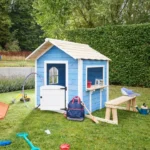 Speelhuis Blauw met bankje - Houten Speelhuisje - Speelhuisje voor de buiten / binnen - FSC hout - Duurzaam - Afbeelding 9