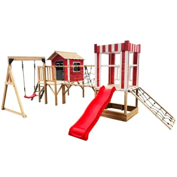 Speelpark Wonderland - Speelpark met glijbaan, schommel, Klimrek en blokhuisje - 555 x 340 x 215 cm